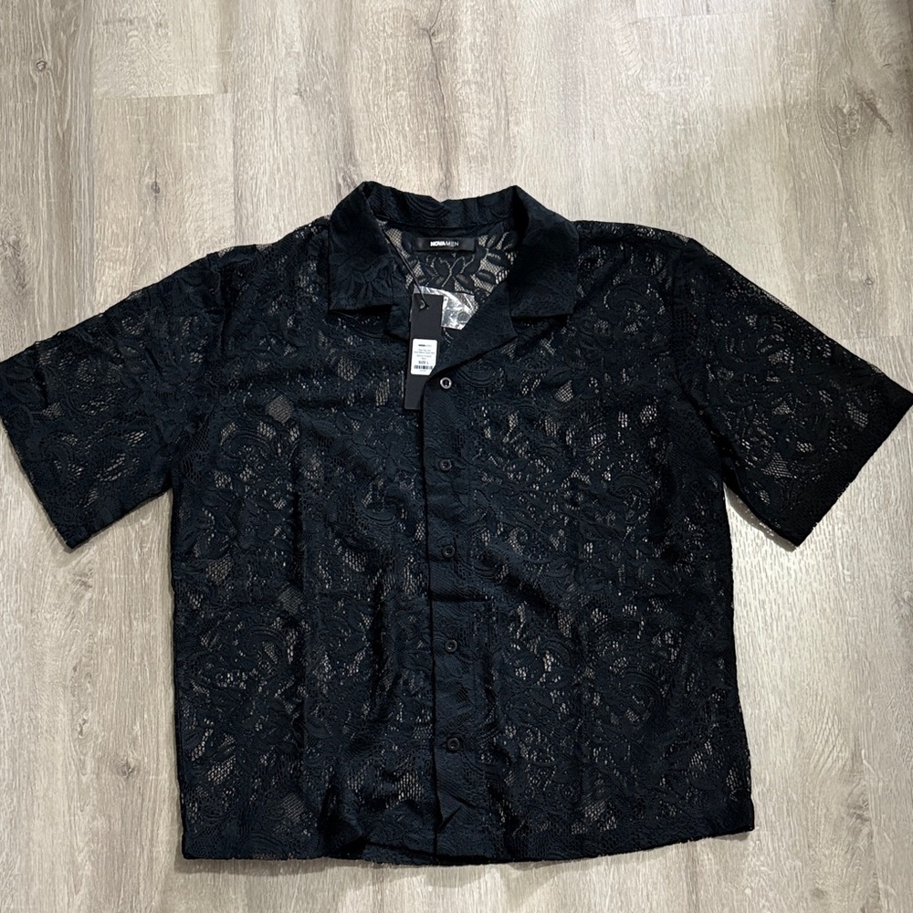 Fashion Nova Men's Black Sheer Lace Shirt